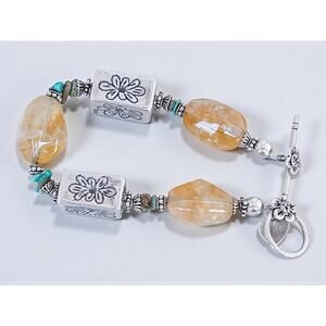 Vintage Sterling Silver Citrine Turquoise Beaded Bracelet Toggle Clasp 7.25